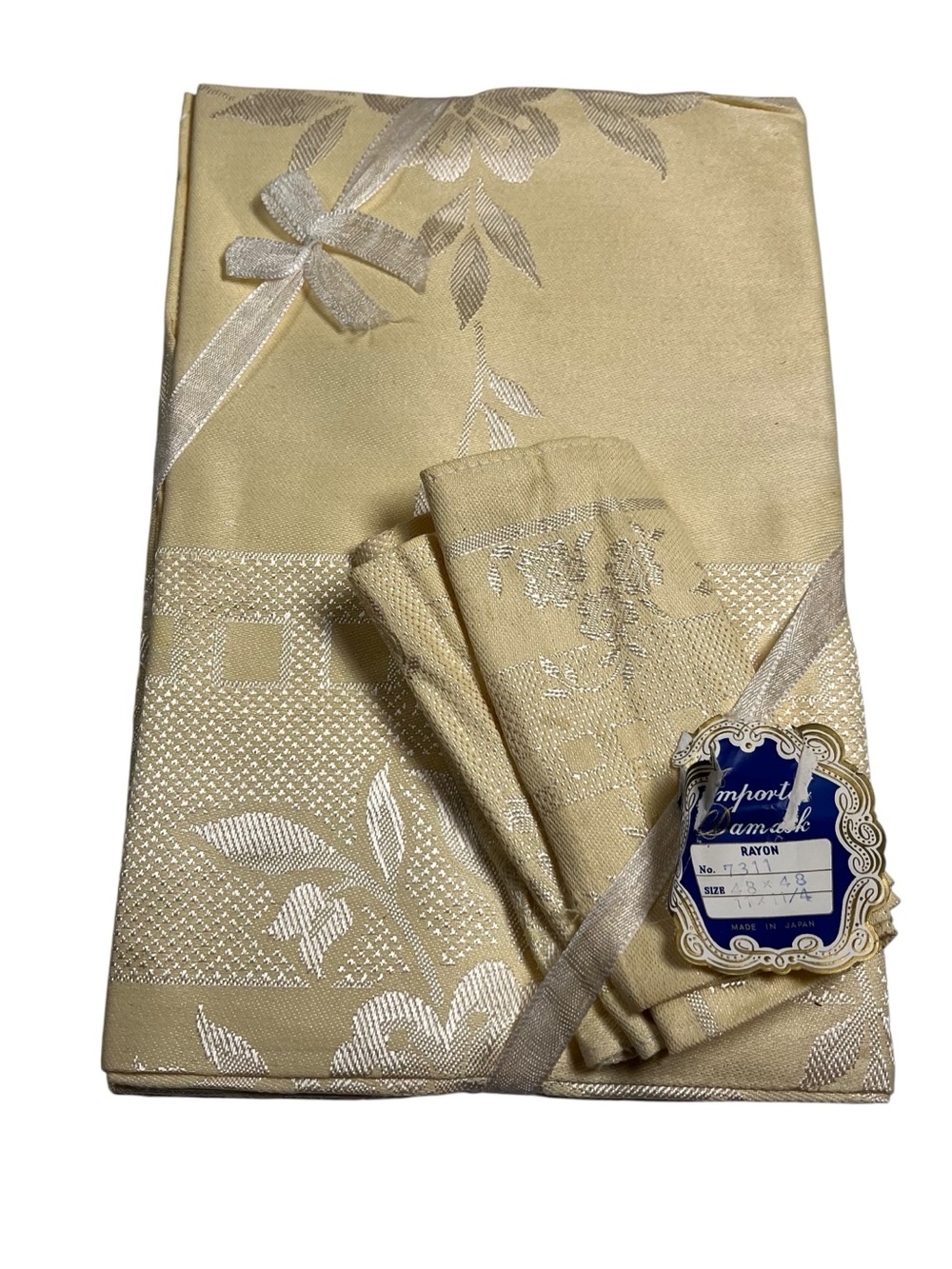 Vtg 50s 60s Japan Damask Tablecloth Napkins Set Sz 48x48 Yellow Rayon NOS NWT